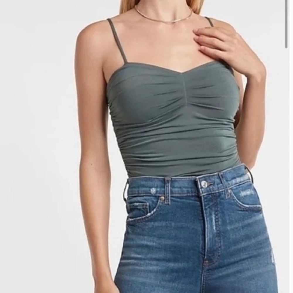 Express Contour Bodysuit Womens XS Green Ruched Mesh‎ Stretch Tank Thong Baddie